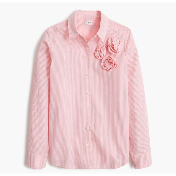 J.Crew Striped Rosette Button-up Shirt WMNS M Pink White 3D Flower Long Sleeve - Picture 2 of 7